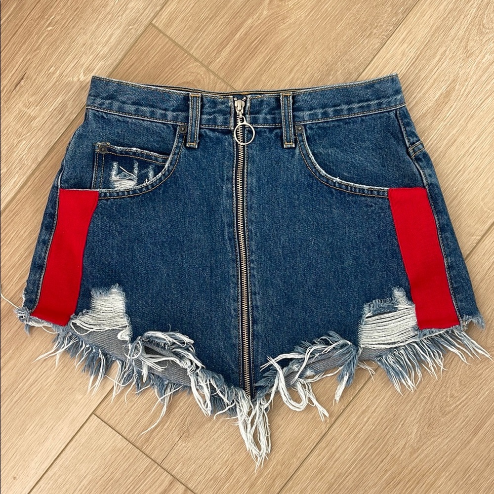Carmar Denim Frayed Skirt w/ Red Stripe